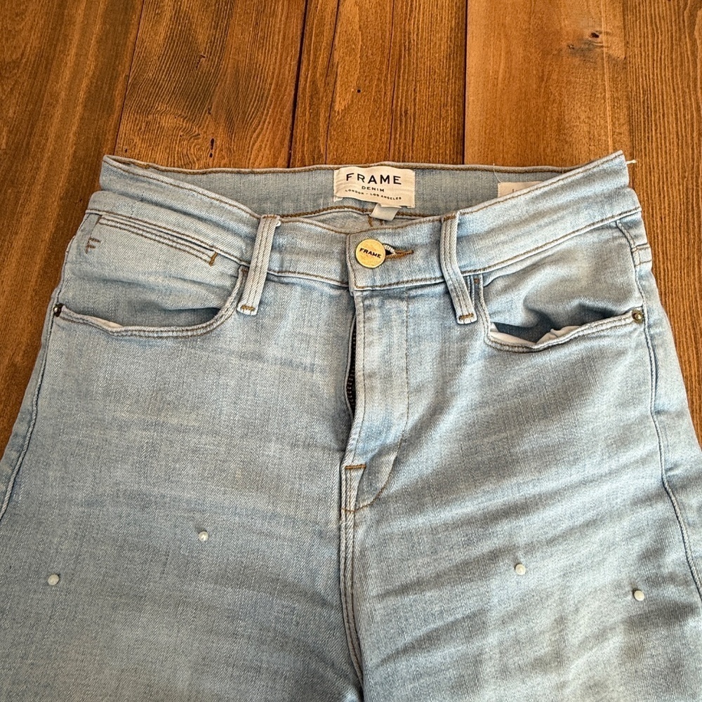FRAME Le High Straight Double Frayed Hem Pearl Jean 45024 - Picture 3 of 14